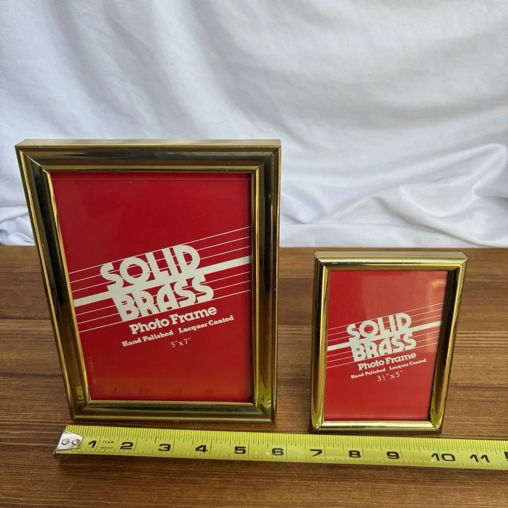 Lot of 2 Solid Brass Photo Frames 5x7 & 3.5x5 Hand Polished Lacquer Coated